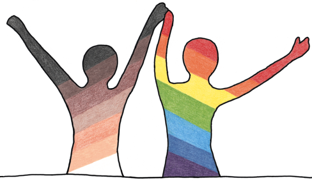 Tanzende Silhouetten in allen Farben des Regenbogens in vielen unterschiedlichen Hauttönen